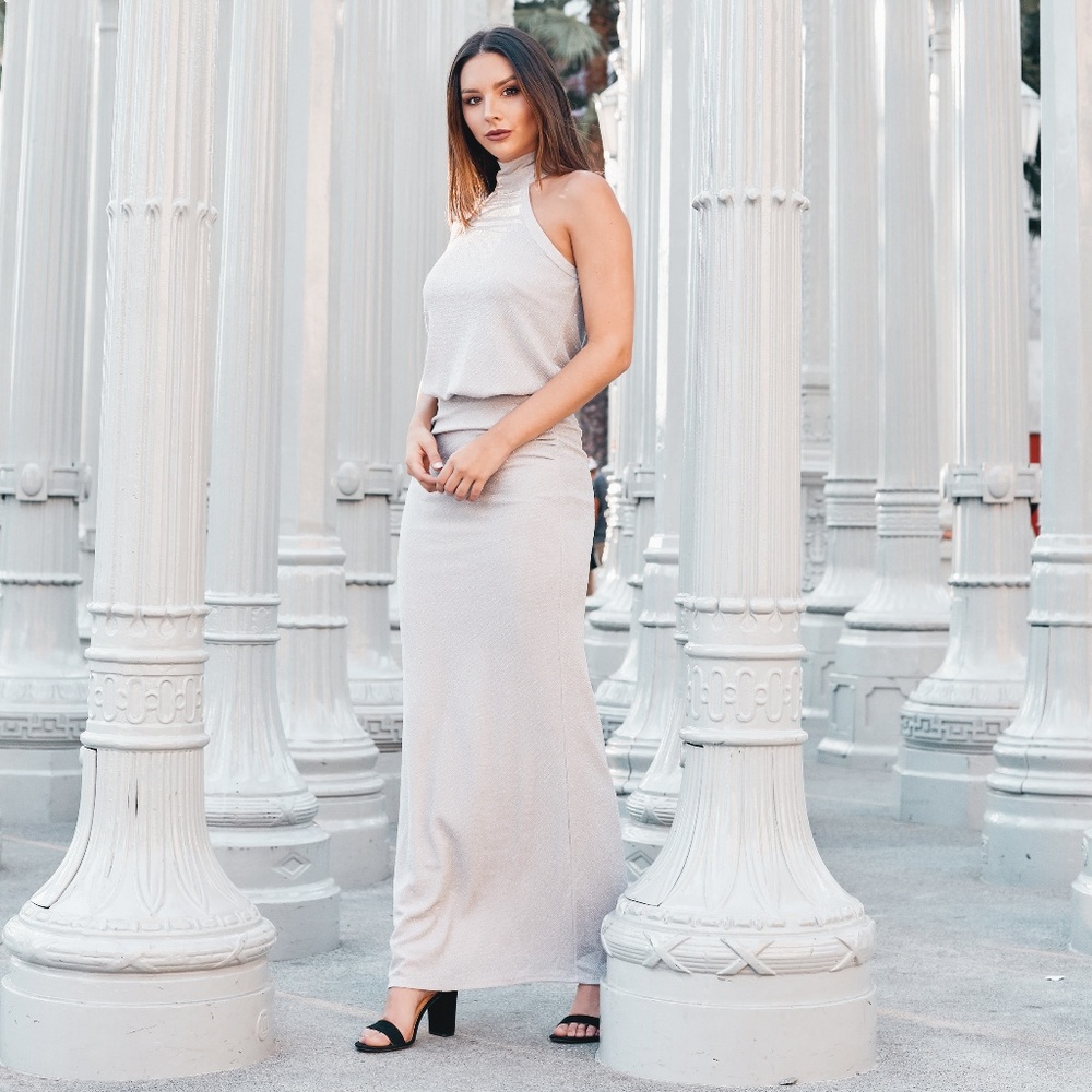 Turtleneck halter silver dress with ruched waist